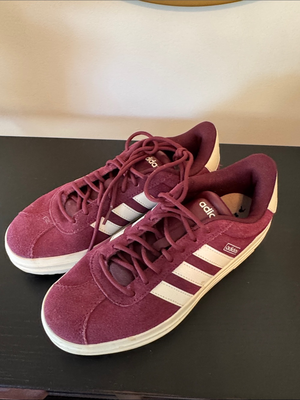 adidas Women's Maroon Suede Sneakers with White Stripes